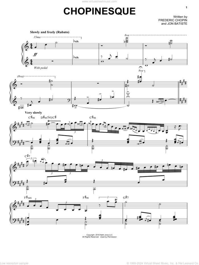 Chopinesque sheet music for piano solo by Jon Batiste and Frederic Chopin, intermediate skill level