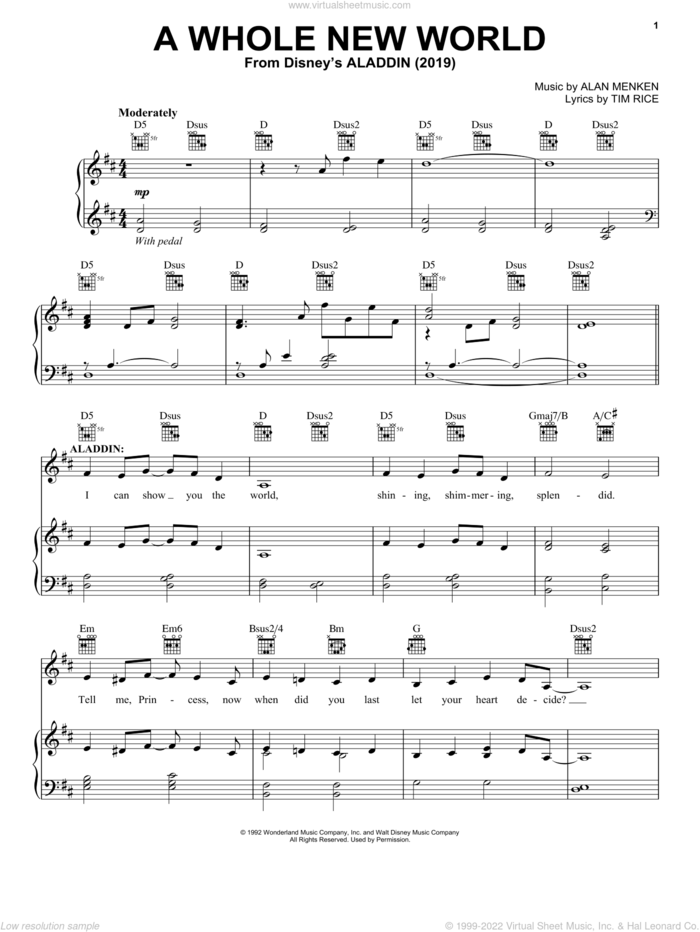 A Whole New World (from Aladdin) (2019) sheet music for voice, piano or guitar by Mena Massoud & Naomi Scott, Mena Massoud, Naomi Scott, Alan Menken and Tim Rice, wedding score, intermediate skill level