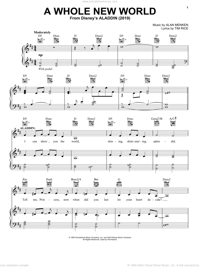 A Whole New World (from Aladdin) (2019) sheet music for voice, piano or guitar by Mena Massoud & Naomi Scott, Mena Massoud, Naomi Scott, Alan Menken and Tim Rice, wedding score, intermediate skill level