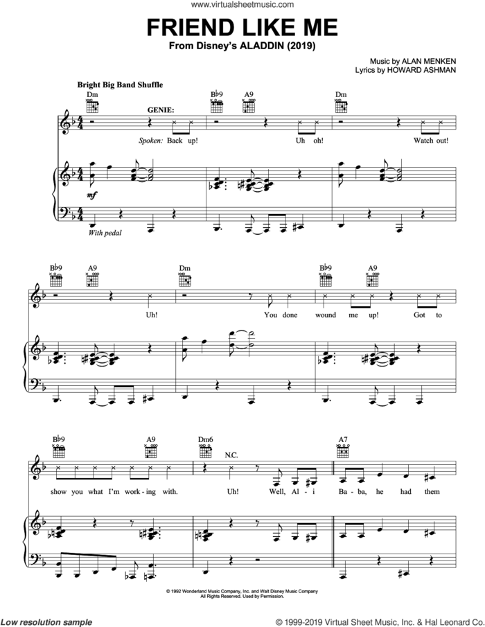 Friend Like Me (from Aladdin) (2019) sheet music for voice, piano or guitar by Will Smith, Alan Menken and Howard Ashman, intermediate skill level