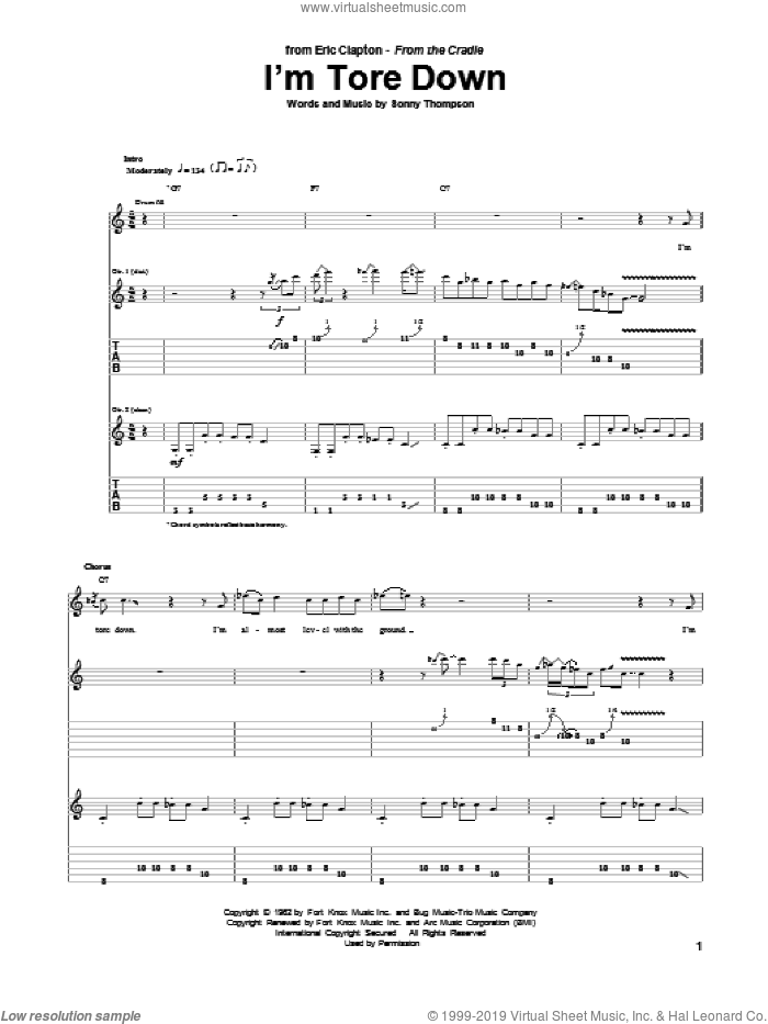 I'm Tore Down sheet music for guitar (tablature) by Eric Clapton, Freddie King and Sonny Thompson, intermediate skill level