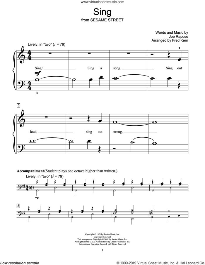 Sing (arr. Fred Kern) sheet music for piano solo (elementary) by Joe Raposo, Fred Kern and Carpenters, beginner piano (elementary)