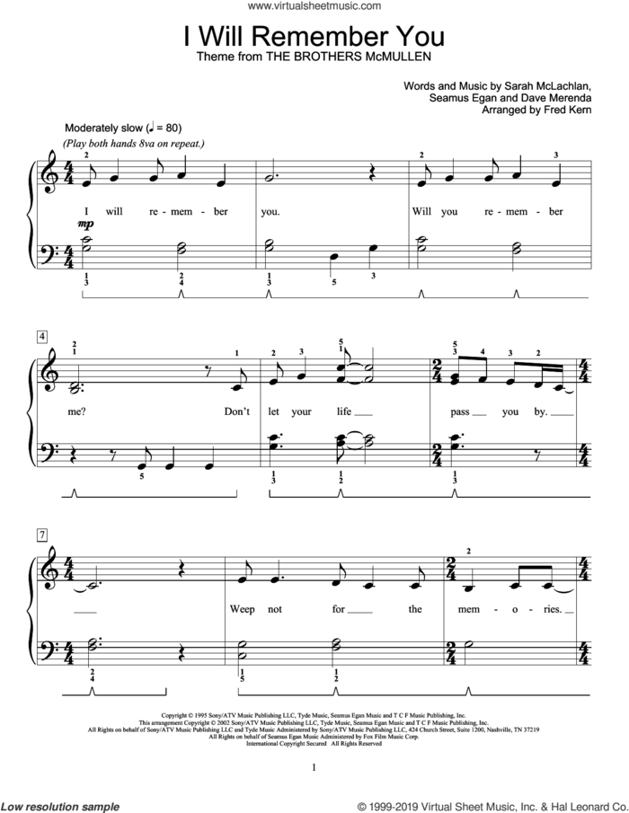 I Will Remember You (arr. Fred Kern) sheet music for piano solo (elementary) by Sarah McLachlan, Fred Kern, Dave Merenda and Seamus Egan, beginner piano (elementary)