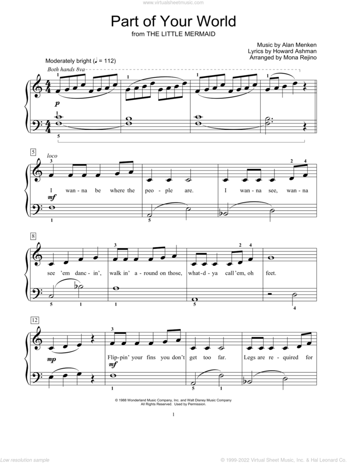 Part Of Your World (from The Little Mermaid) (arr. Mona Rejino) sheet music for piano solo (elementary) by Alan Menken, Mona Rejino, Alan Menken & Howard Ashman and Howard Ashman, beginner piano (elementary)