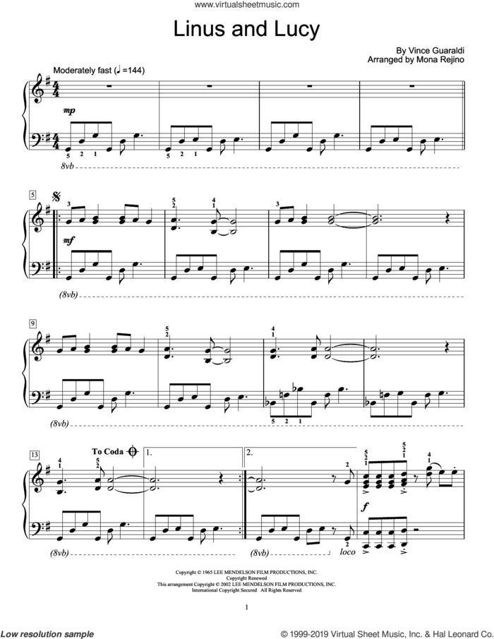 Linus And Lucy (arr. Mona Rejino) sheet music for piano solo (elementary) by Vince Guaraldi and Mona Rejino, beginner piano (elementary)