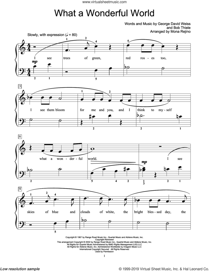 What A Wonderful World (arr. Mona Rejino) sheet music for piano solo (elementary) by Louis Armstrong, Mona Rejino, Bob Thiele and George David Weiss, beginner piano (elementary)