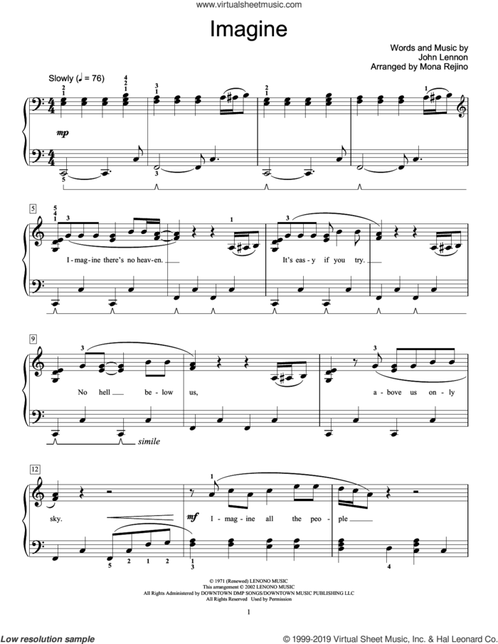 Imagine (arr. Mona Rejino) sheet music for piano solo (elementary) by John Lennon and Mona Rejino, beginner piano (elementary)