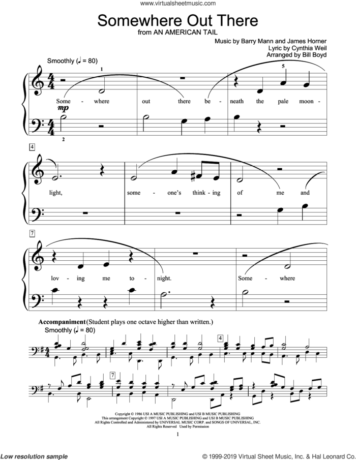 Somewhere Out There (from An American Tail) (arr. Bill Boyd) sheet music for piano solo (elementary) by Linda Ronstadt & James Ingram, Bill Boyd, James Ingram, Linda Ronstadt, Barry Mann, Cynthia Weil and James Horner, beginner piano (elementary)
