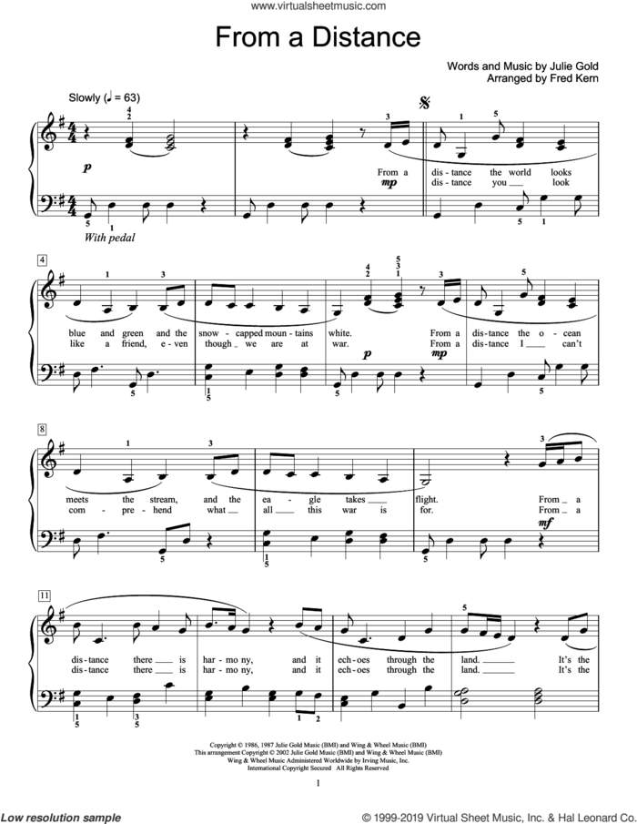 From A Distance (arr. Fred Kern) sheet music for piano solo (elementary) by Bette Midler, Fred Kern and Julie Gold, beginner piano (elementary)