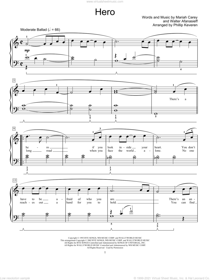 Hero (arr. Phillip Keveren) sheet music for piano solo (elementary) by Mariah Carey, Phillip Keveren and Walter Afanasieff, beginner piano (elementary)