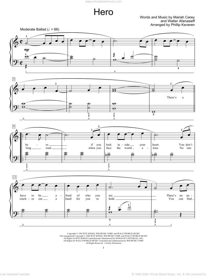 Hero (arr. Phillip Keveren) sheet music for piano solo (elementary) by Mariah Carey, Phillip Keveren and Walter Afanasieff, wedding score, beginner piano (elementary)