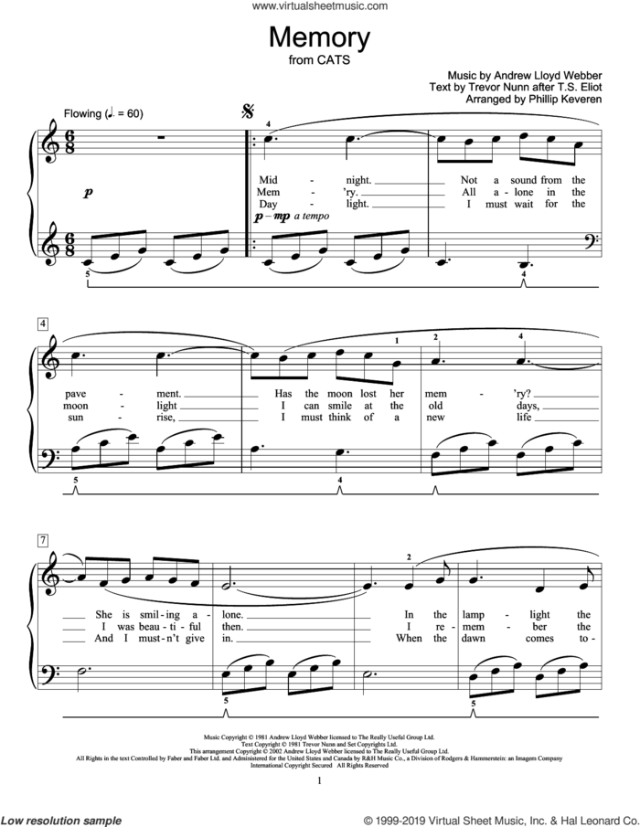 Memory (from Cats) (arr. Phillip Keveren) sheet music for piano solo (elementary) by Andrew Lloyd Webber, Phillip Keveren and Trevor Nunn, beginner piano (elementary)