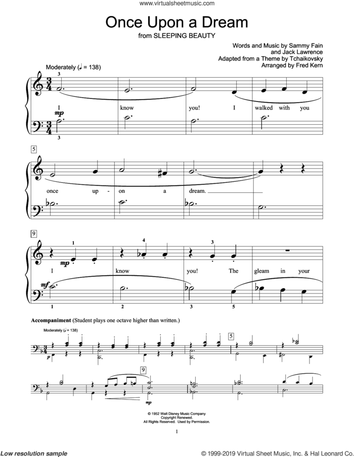 Once Upon A Dream (from Sleeping Beauty) (arr. Fred Kern) sheet music for piano solo (elementary) by Sammy Fain, Fred Kern and Jack Lawrence, beginner piano (elementary)