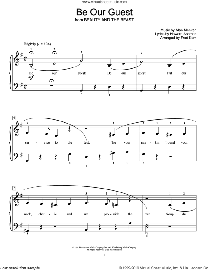 Be Our Guest (from Beauty and The Beast) (arr. Fred Kern) sheet music for piano solo (elementary) by Alan Menken, Fred Kern, Alan Menken & Howard Ashman and Howard Ashman, beginner piano (elementary)