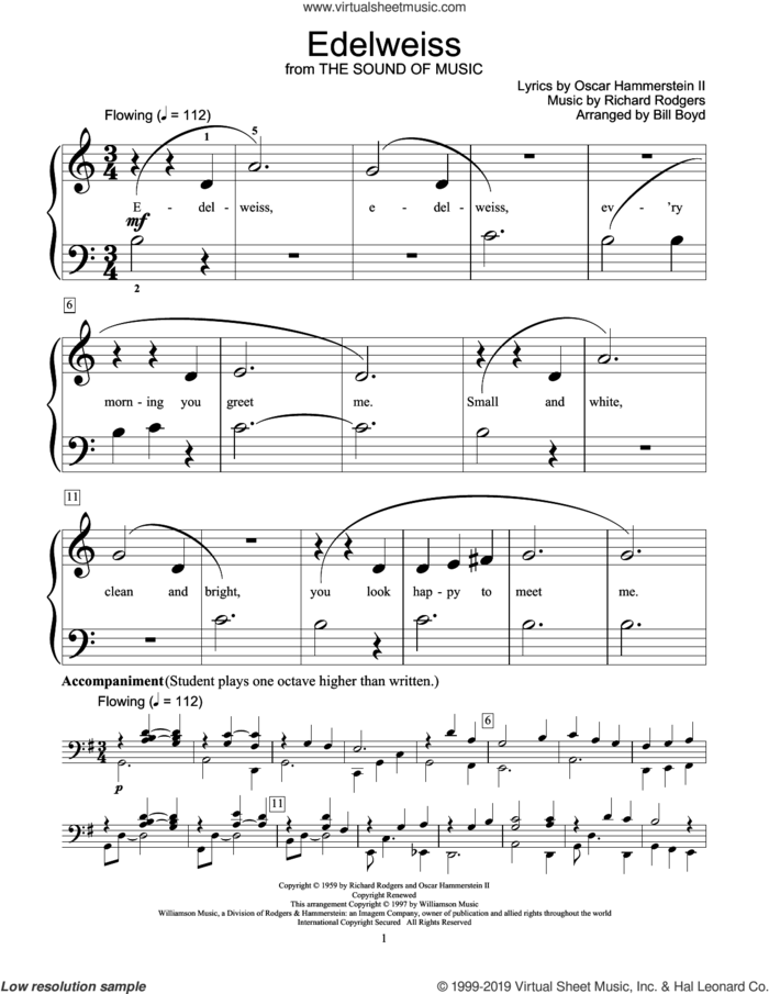 Edelweiss (from The Sound Of Music) (arr. Bill Boyd) sheet music for piano solo (elementary) by Richard Rodgers, Bill Boyd, Oscar II Hammerstein and Rodgers & Hammerstein, beginner piano (elementary)
