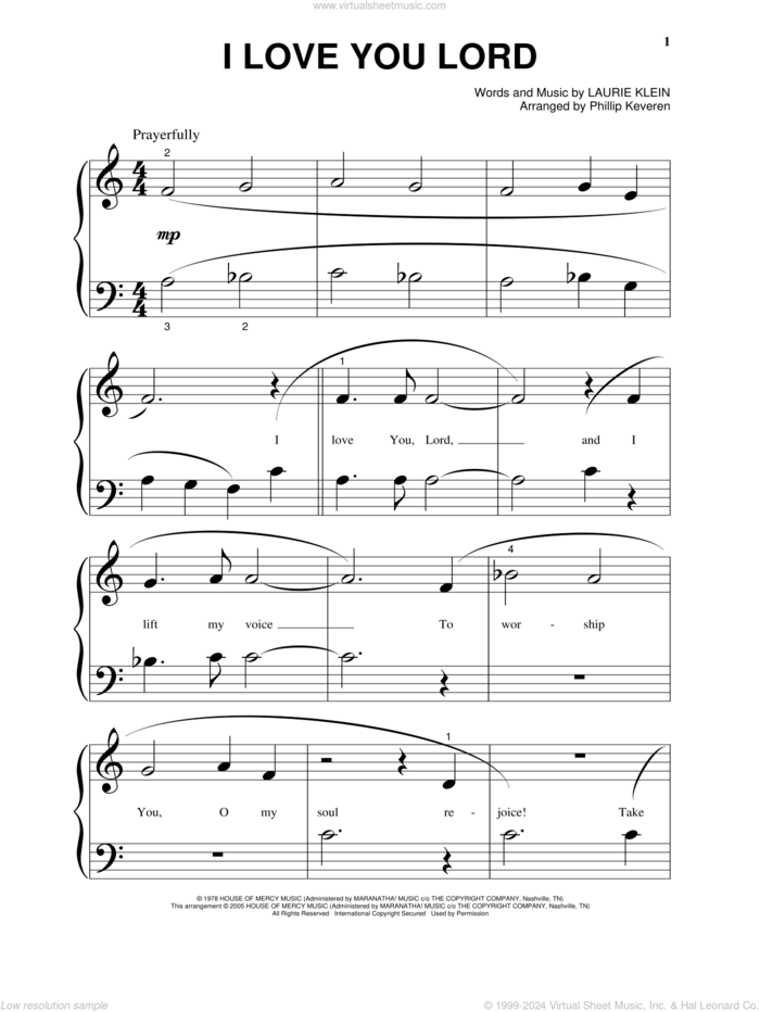 I Love You Lord (arr. Phillip Keveren), (beginner) sheet music for piano solo by Laurie Klein and Phillip Keveren, beginner skill level