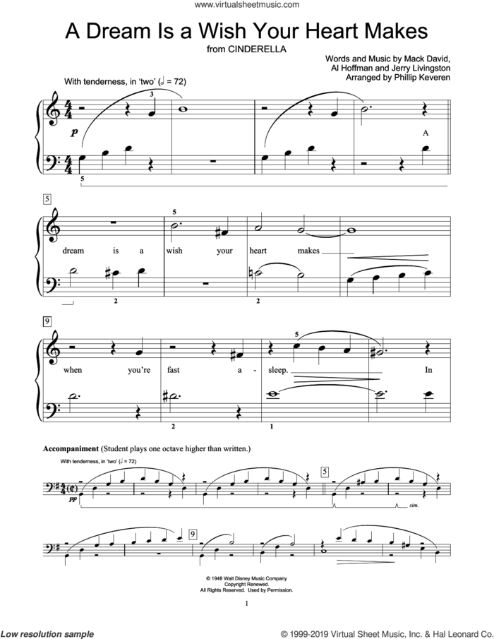 A Dream Is A Wish Your Heart Makes (from Cinderella) (arr. Phillip Keveren) sheet music for piano solo (elementary) by Ilene Woods, Phillip Keveren, Linda Ronstadt, Al Hoffman, Jerry Livingston and Mack David, wedding score, beginner piano (elementary)