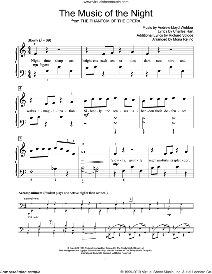 The Music Of The Night (from The Phantom Of The Opera) (arr. Mona Rejino) sheet music for piano solo (elementary) by Andrew Lloyd Webber, Mona Rejino, Charles Hart and Richard Stilgoe, beginner piano (elementary)