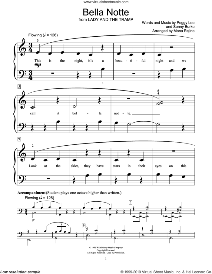 Bella Notte (This Is The Night) (from Lady And The Tramp) (arr. Mona Rejino) sheet music for piano solo (elementary) by Peggy Lee, Mona Rejino, Peggy Lee & Sonny Burke and Sonny Burke, beginner piano (elementary)