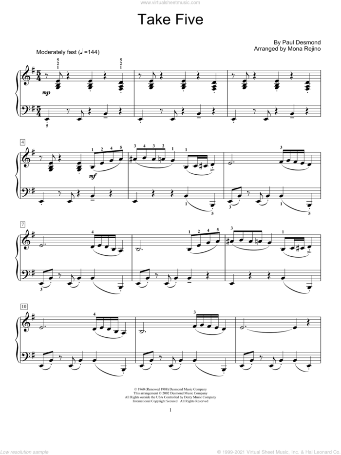Take Five (arr. Mona Rejino) sheet music for piano solo (elementary) by Dave Brubeck, Mona Rejino and Paul Desmond, beginner piano (elementary)