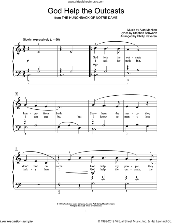 God Help The Outcasts (from The Hunchback Of Notre Dame) (arr. Phillip Keveren) sheet music for piano solo (elementary) by Bette Midler, Phillip Keveren, Alan Menken and Stephen Schwartz, beginner piano (elementary)
