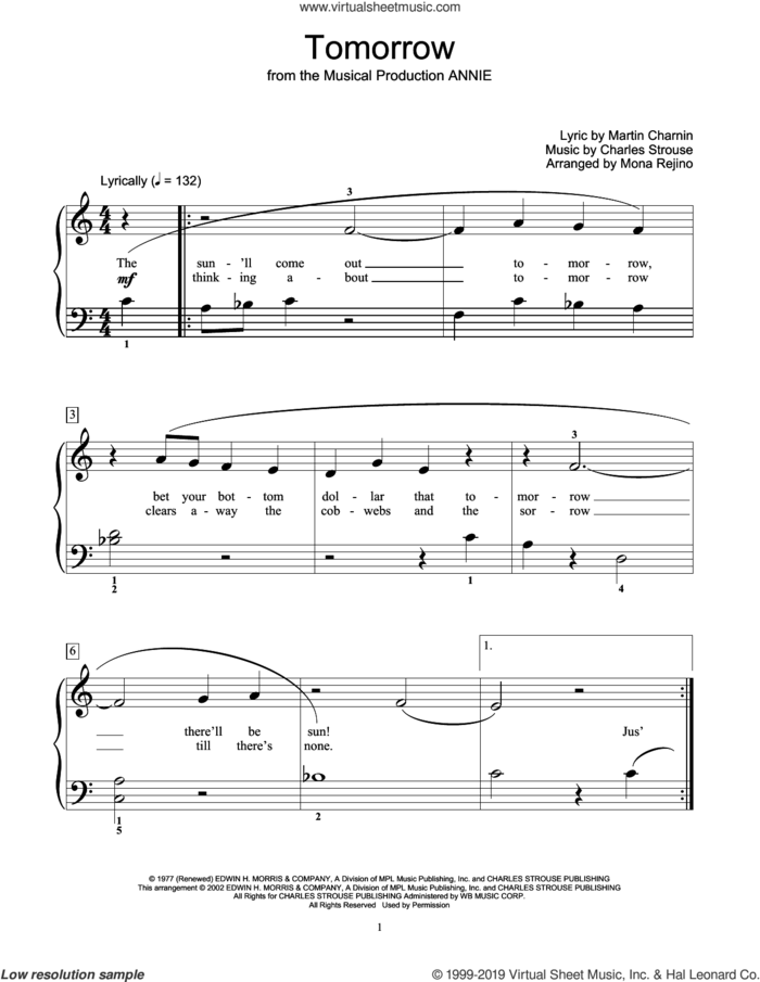 Tomorrow (from Annie) (arr. Mona Rejino) sheet music for piano solo (elementary) by Charles Strouse, Mona Rejino and Martin Charnin, beginner piano (elementary)
