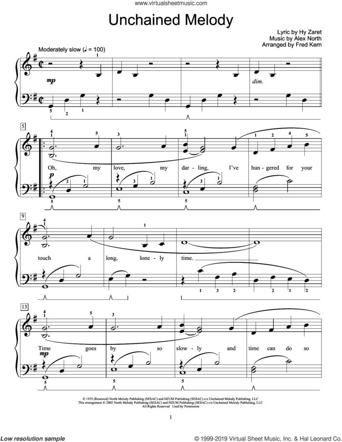 Unchained Melody (arr. Fred Kern) sheet music for piano solo (elementary) by The Righteous Brothers, Fred Kern, Alex North and Hy Zaret, wedding score, beginner piano (elementary)
