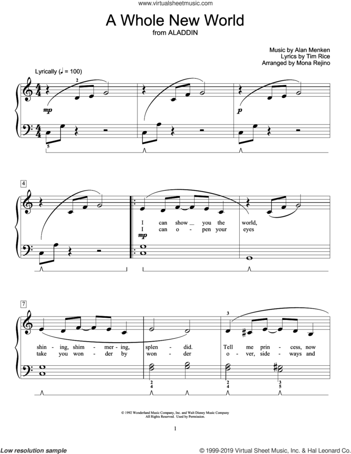 A Whole New World (from Aladdin) (arr. Mona Rejino) sheet music for piano solo (elementary) by Alan Menken, Mona Rejino, Alan Menken & Tim Rice and Tim Rice, wedding score, beginner piano (elementary)