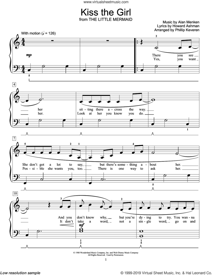 Kiss The Girl (from The Little Mermaid) (arr. Phillip Keveren) sheet music for piano solo (elementary) by Alan Menken, Phillip Keveren, Alan Menken & Howard Ashman and Howard Ashman, beginner piano (elementary)