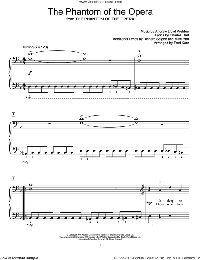 The Phantom Of The Opera (arr. Fred Kern) sheet music for piano solo (elementary) by Andrew Lloyd Webber, Fred Kern, Charles Hart, Mike Batt and Richard Stilgoe, beginner piano (elementary)