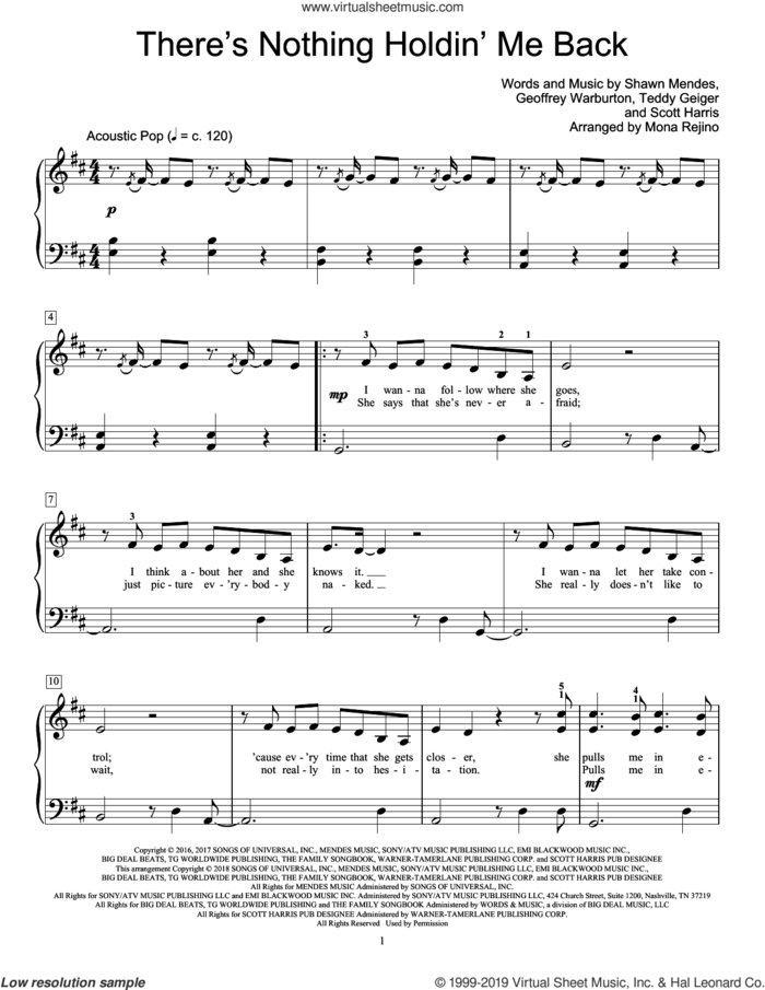 There's Nothing Holdin' Me Back (arr. Mona Rejino) sheet music for piano solo (elementary) by Shawn Mendes, Mona Rejino, Geoffrey Warburton, Scott Harris and Teddy Geiger, beginner piano (elementary)