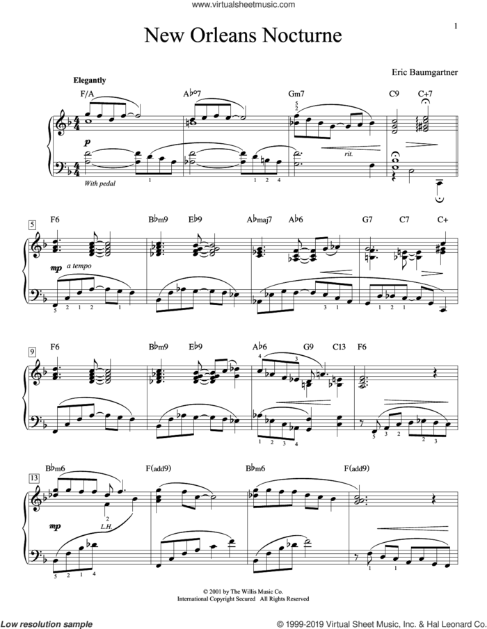 New Orleans Nocturne sheet music for piano solo (elementary) by Eric Baumgartner, beginner piano (elementary)