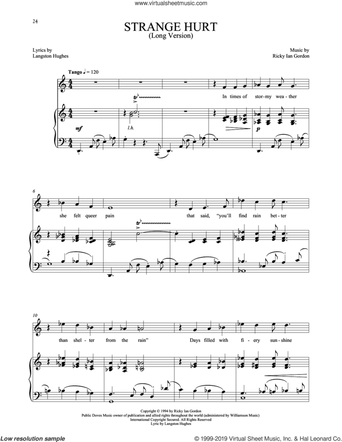 Strange Hurt [Long version] sheet music for voice and piano by Langston Hughes and Ricky Ian Gordon, classical score, intermediate skill level