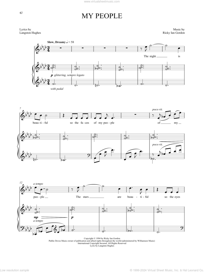 My People sheet music for voice and piano by Langston Hughes and Ricky Ian Gordon, classical score, intermediate skill level