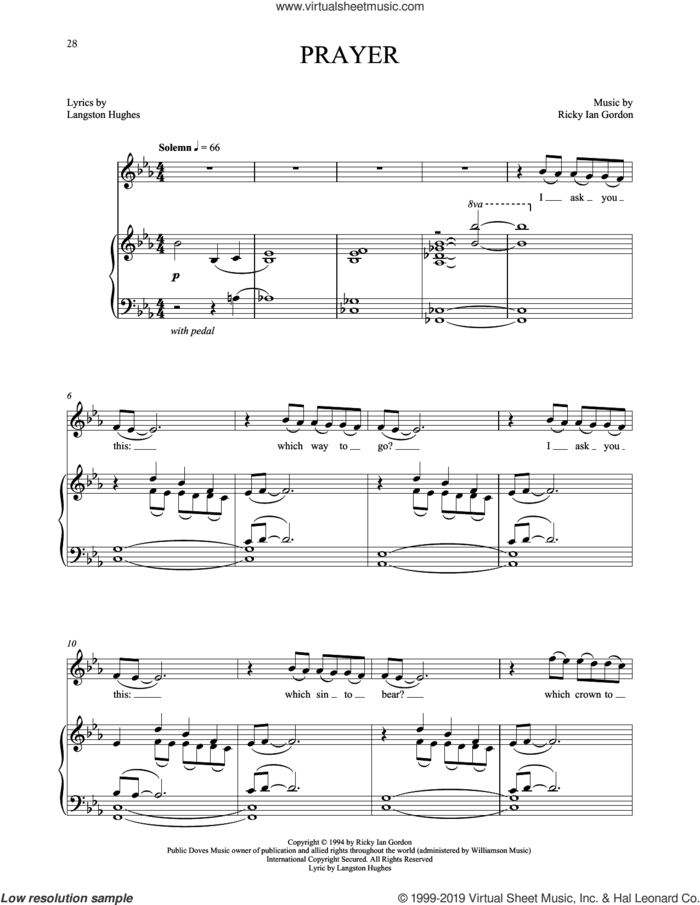 Prayer sheet music for voice and piano by Ricky Ian Gordon and Langston Hughes, classical score, intermediate skill level