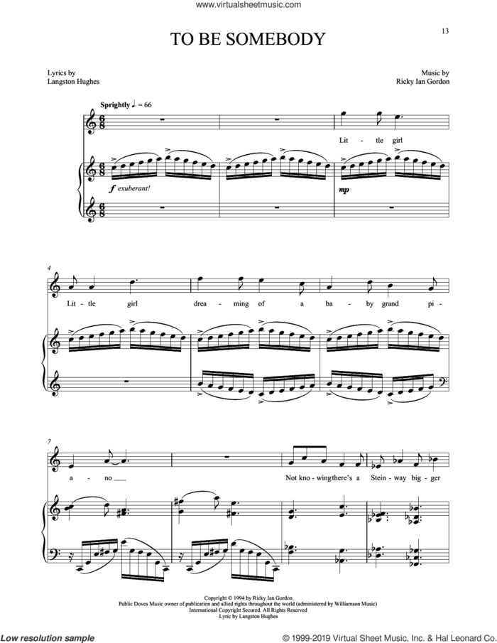 To Be Somebody sheet music for voice and piano by Langston Hughes and Ricky Ian Gordon, classical score, intermediate skill level