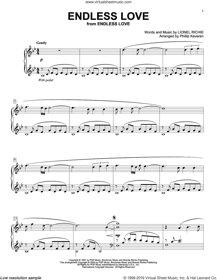 Endless Love (arr. Phillip Keveren) sheet music for piano solo by Lionel Richie & Diana Ross, Diana Ross and Lionel Richie, wedding score, intermediate skill level