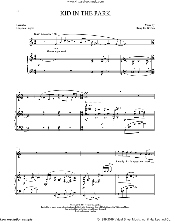 Kid In The Park sheet music for voice and piano by Ricky Ian Gordon and Langston Hughes, classical score, intermediate skill level
