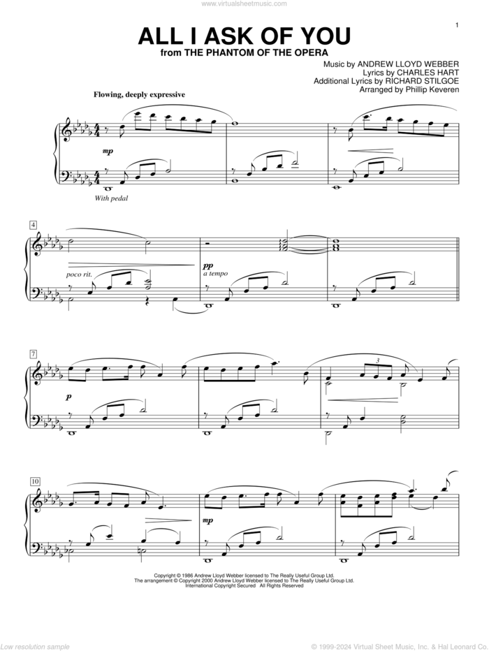 All I Ask Of You (from The Phantom Of The Opera) (arr. Phillip Keveren) sheet music for piano solo by Andrew Lloyd Webber, Phillip Keveren, Charles Hart and Richard Stilgoe, wedding score, intermediate skill level