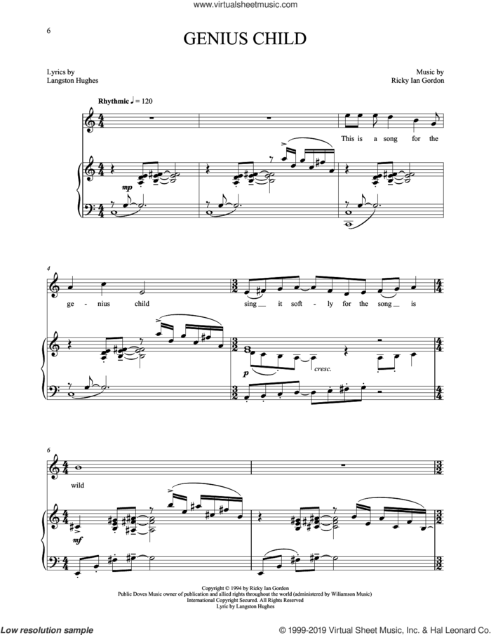 Genius Child sheet music for voice and piano by Langston Hughes and Ricky Ian Gordon, classical score, intermediate skill level