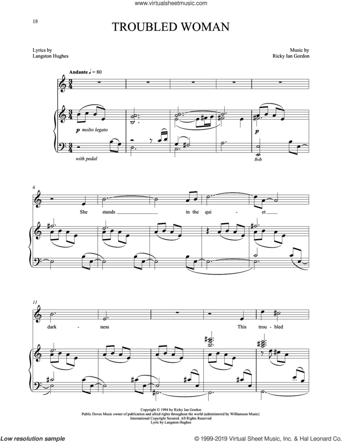 Troubled Woman sheet music for voice and piano by Ricky Ian Gordon and Langston Hughes, classical score, intermediate skill level