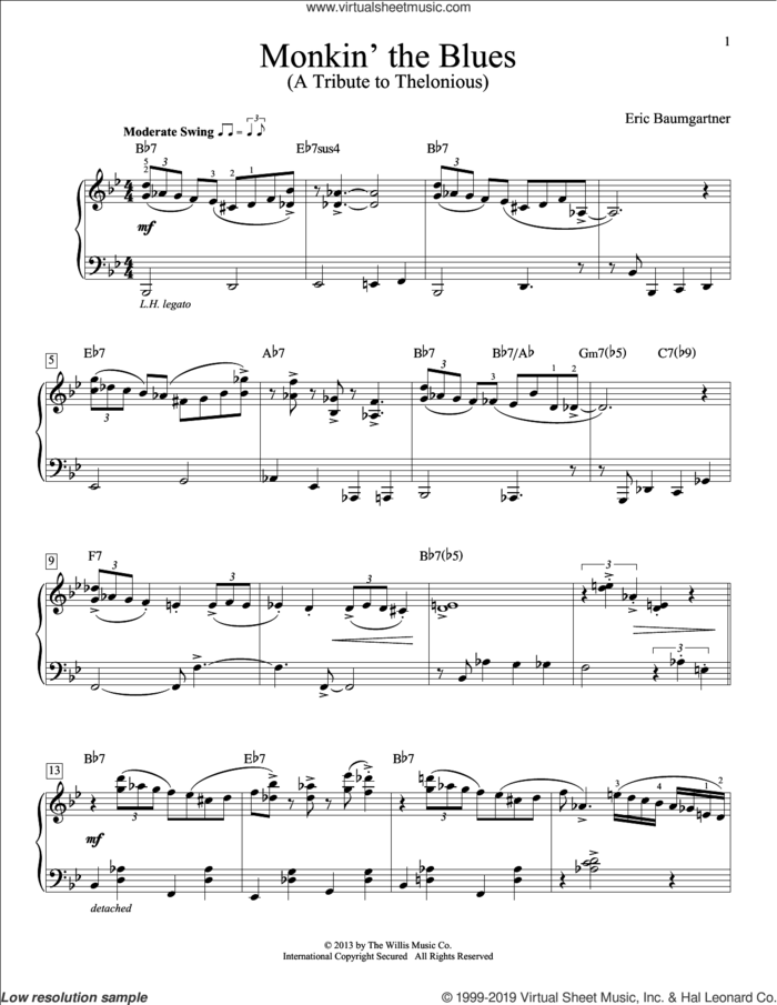 Monkin' The Blues (A Tribute To Thelonious) sheet music for piano solo (elementary) by Eric Baumgartner, beginner piano (elementary)