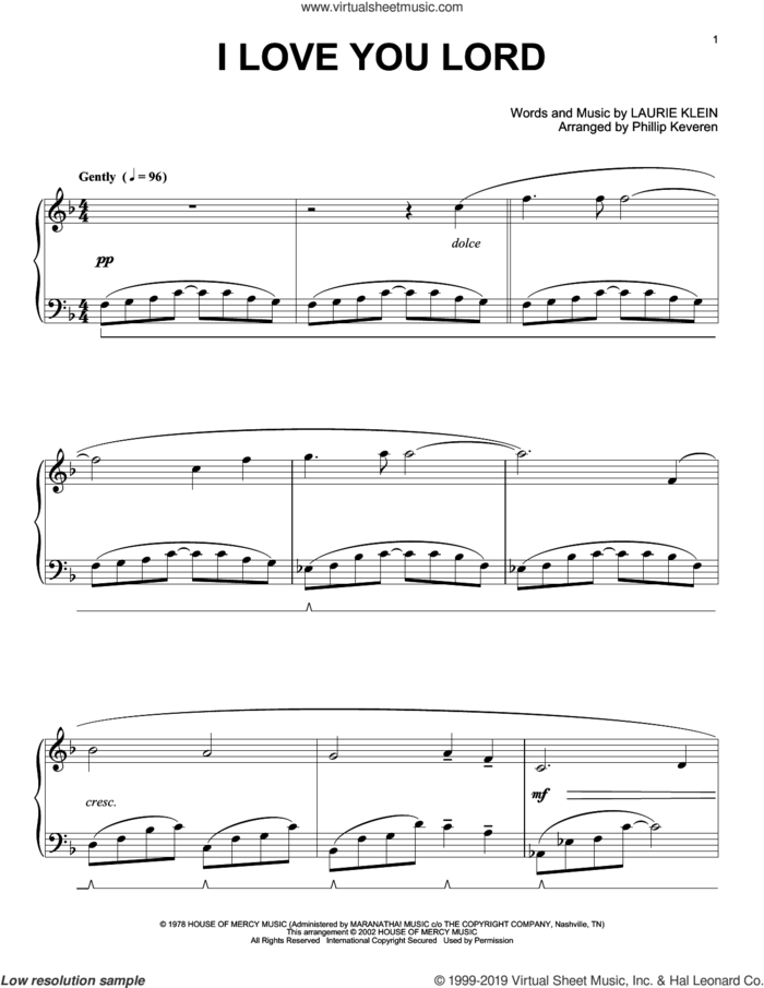 I Love You Lord (arr. Phillip Keveren) sheet music for piano solo by Laurie Klein and Phillip Keveren, intermediate skill level