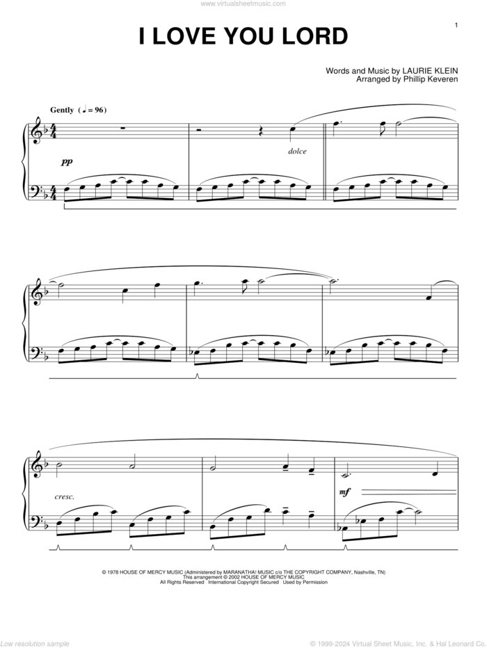 I Love You Lord (arr. Phillip Keveren), (intermediate) sheet music for piano solo by Laurie Klein and Phillip Keveren, intermediate skill level