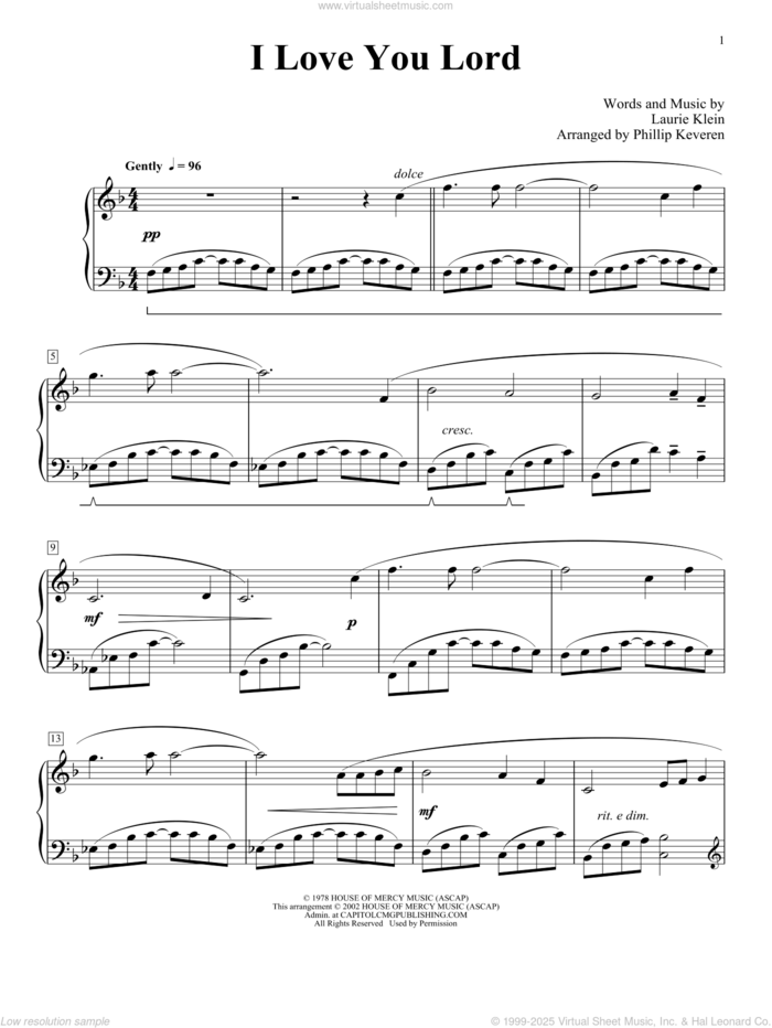 I Love You Lord (arr. Phillip Keveren), (intermediate) sheet music for piano solo by Laurie Klein and Phillip Keveren, intermediate skill level