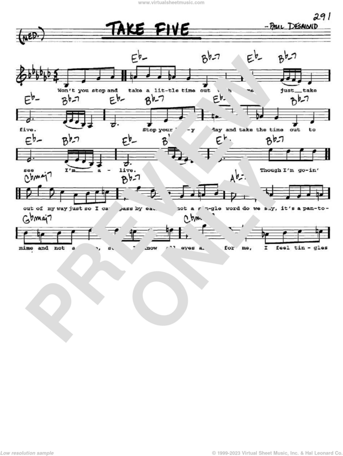 Take Five sheet music for voice and other instruments  by Dave Brubeck and Paul Desmond, intermediate skill level