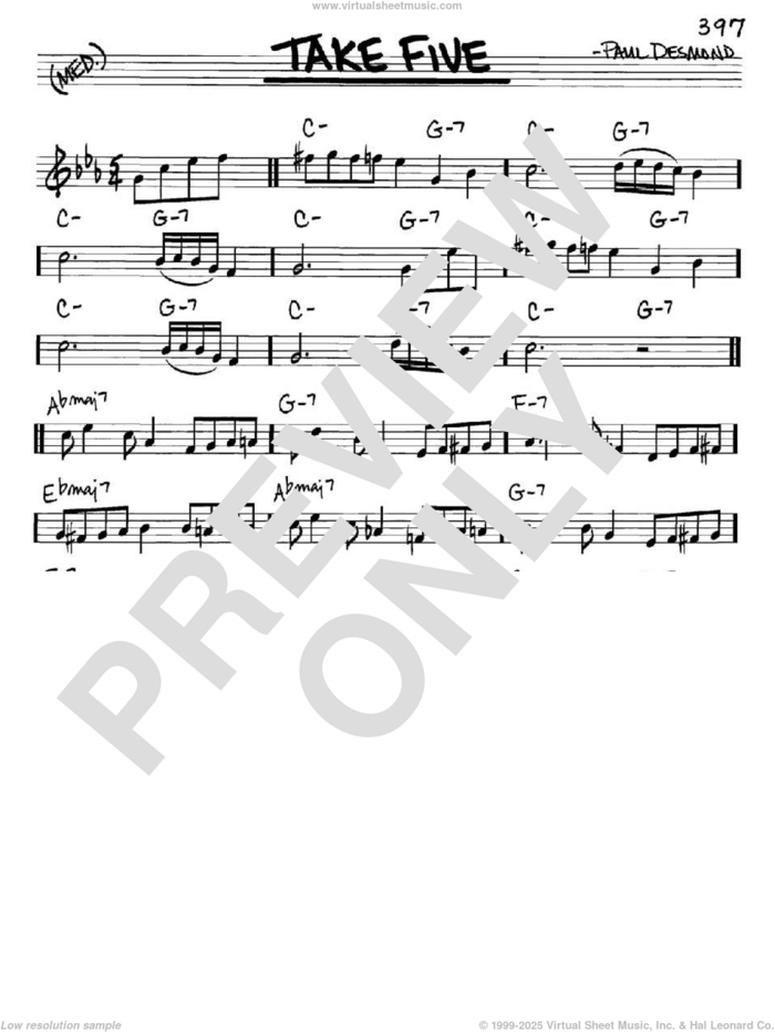 Take Five sheet music for voice and other instruments (in Eb) by Dave Brubeck and Paul Desmond, intermediate skill level