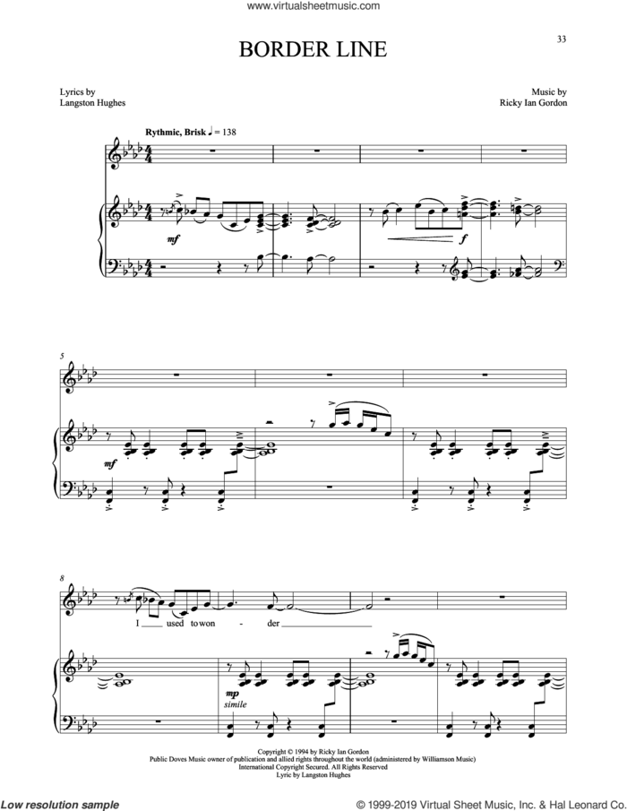 Border Line sheet music for voice and piano by Langston Hughes and Ricky Ian Gordon, classical score, intermediate skill level