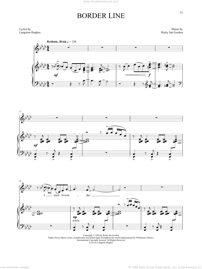 Border Line sheet music for voice and piano by Langston Hughes and Ricky Ian Gordon, classical score, intermediate skill level