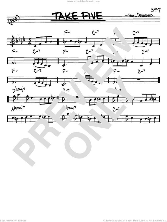 Take Five sheet music for voice and other instruments (in Bb) by Dave Brubeck and Paul Desmond, intermediate skill level